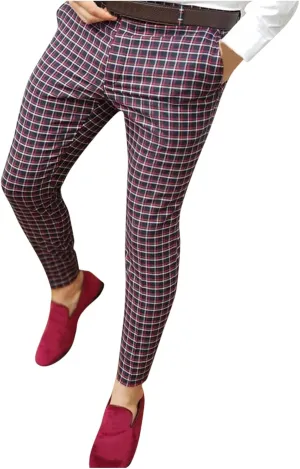 Mens Dress Pants Plaid Skinny Slim Fit Dress Pants Casual Work Business Fashion Golf Pencil Pants Stretch Tapered Suit Pants