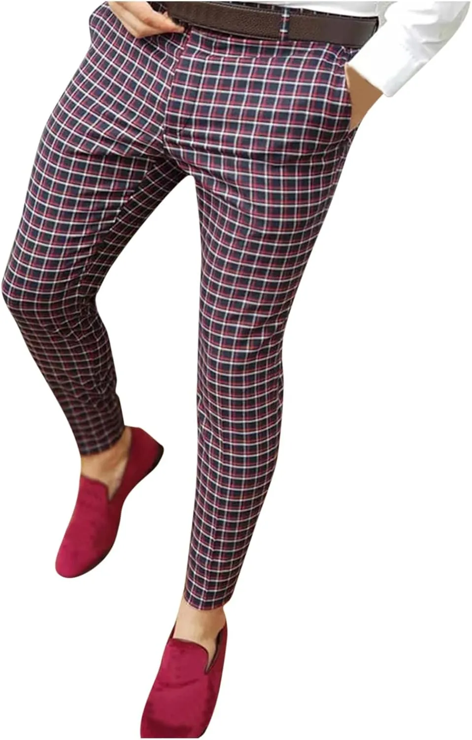 Mens Dress Pants Plaid Skinny Slim Fit Dress Pants Casual Work Business Fashion Golf Pencil Pants Stretch Tapered Suit Pants