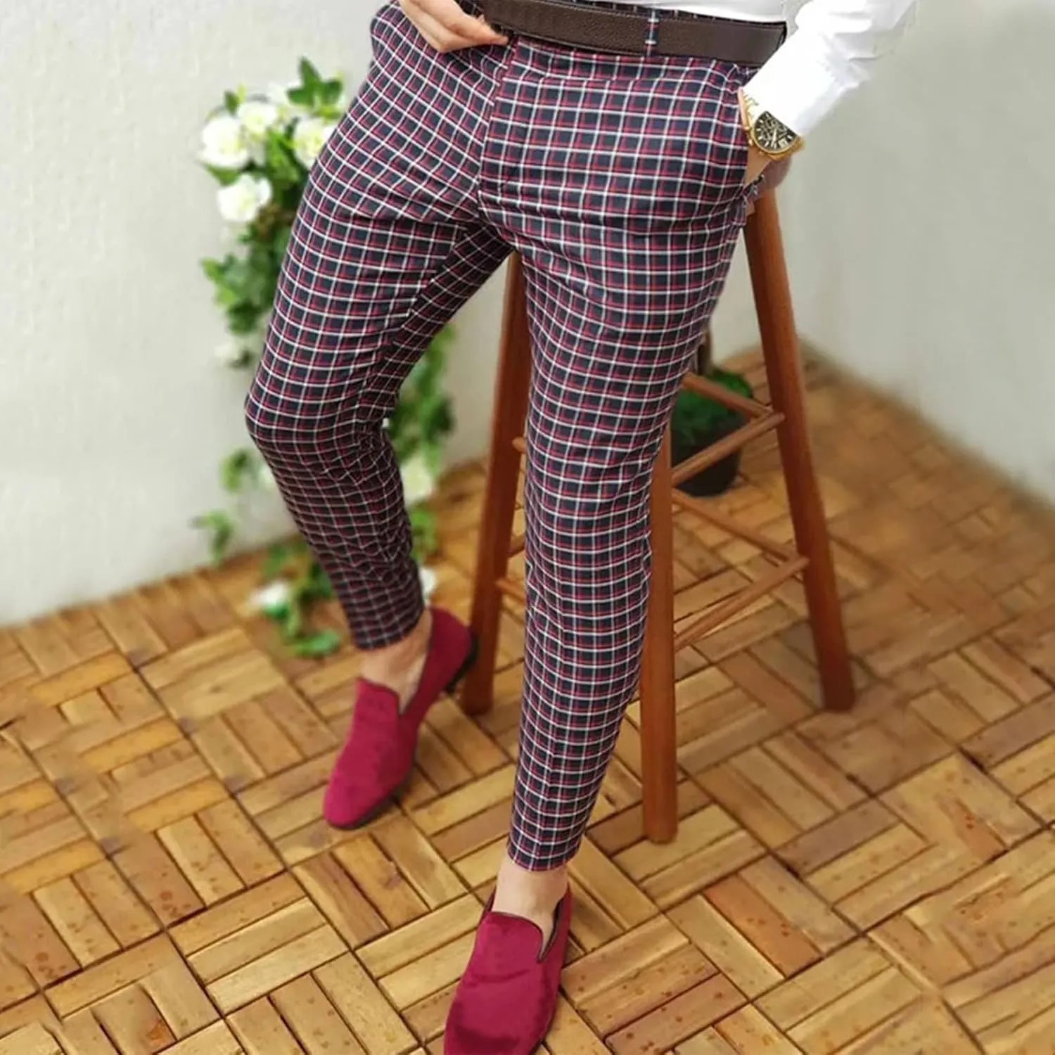 Mens Dress Pants Plaid Skinny Slim Fit Dress Pants Casual Work Business Fashion Golf Pencil Pants Stretch Tapered Suit Pants