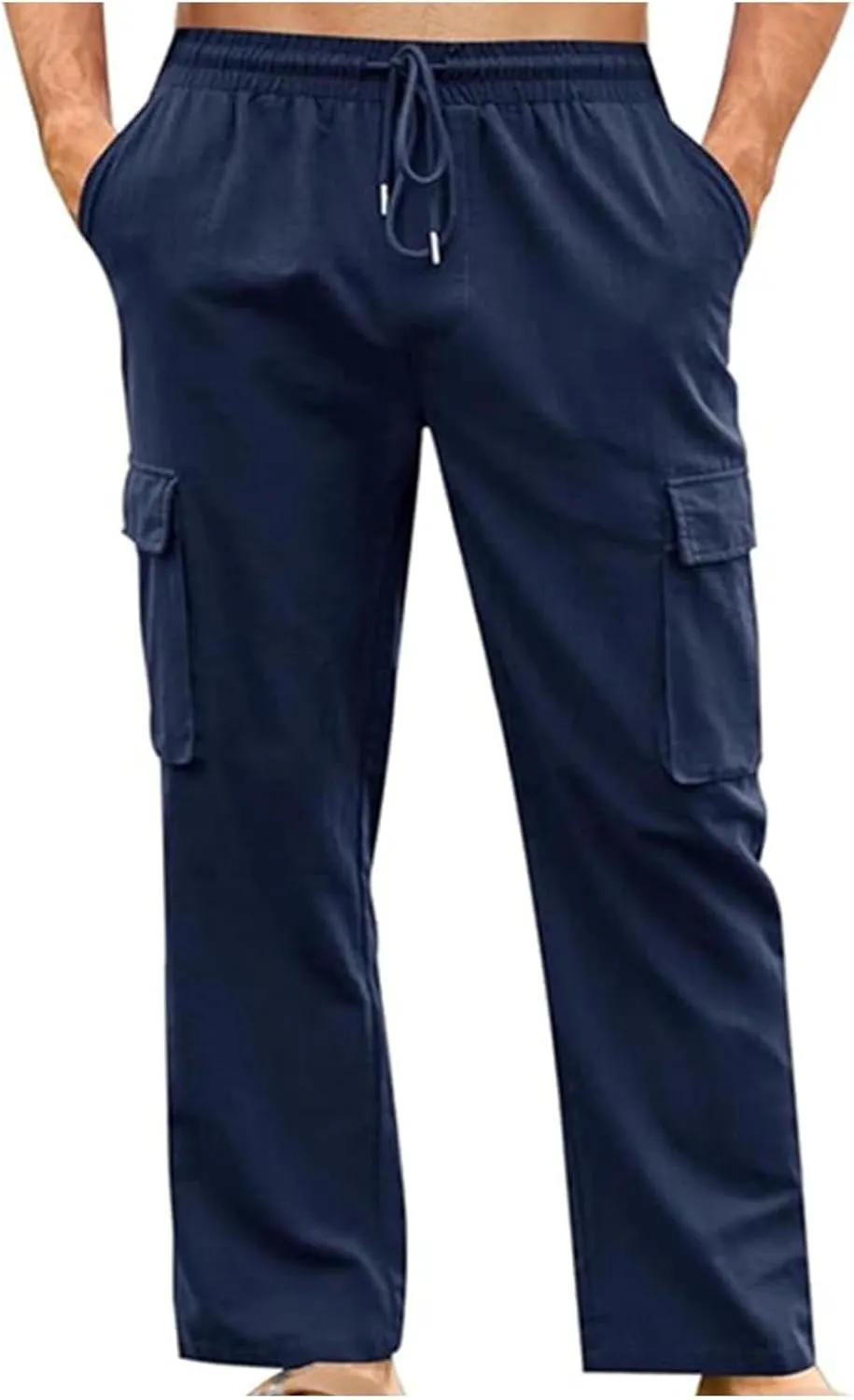 Mens Linen Cargo Pants Straight Casual Summer Beach Trousers with 4 Pockets Lightweight Fitness Pants for Outdoor