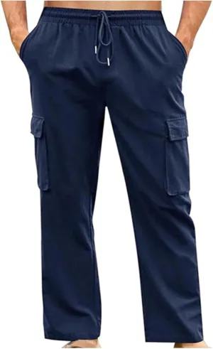 Mens Linen Cargo Pants Straight Casual Summer Beach Trousers with 4 Pockets Lightweight Fitness Pants for Outdoor