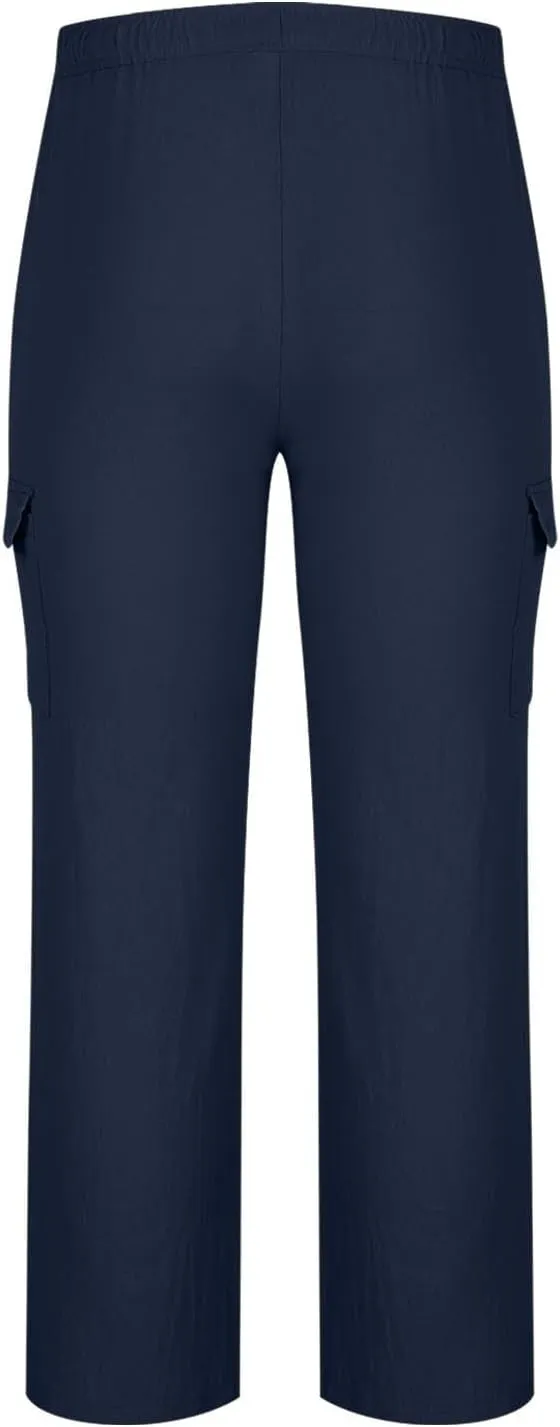 Mens Linen Cargo Pants Straight Casual Summer Beach Trousers with 4 Pockets Lightweight Fitness Pants for Outdoor