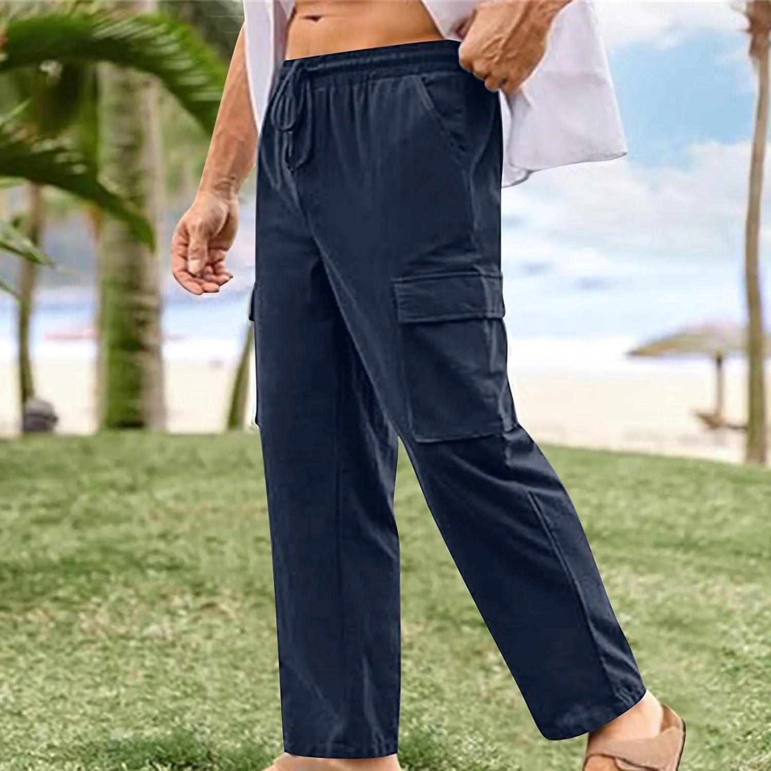 Mens Linen Cargo Pants Straight Casual Summer Beach Trousers with 4 Pockets Lightweight Fitness Pants for Outdoor