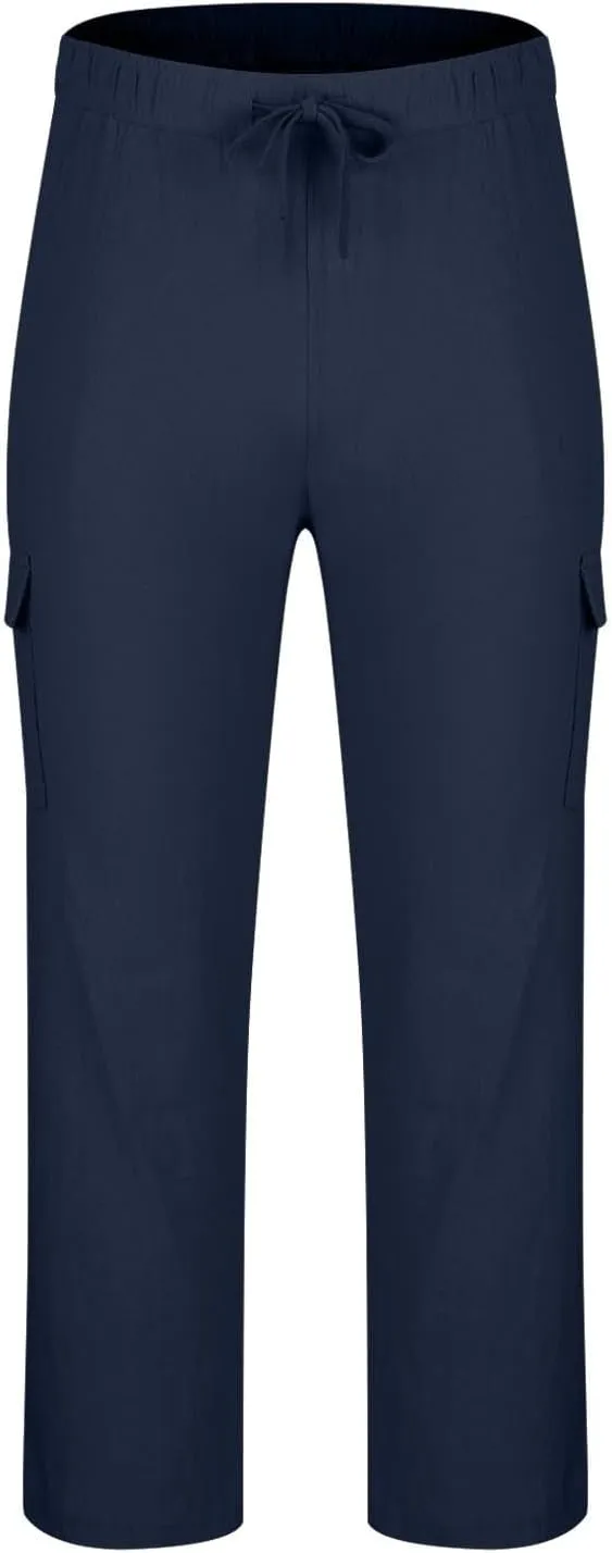 Mens Linen Cargo Pants Straight Casual Summer Beach Trousers with 4 Pockets Lightweight Fitness Pants for Outdoor