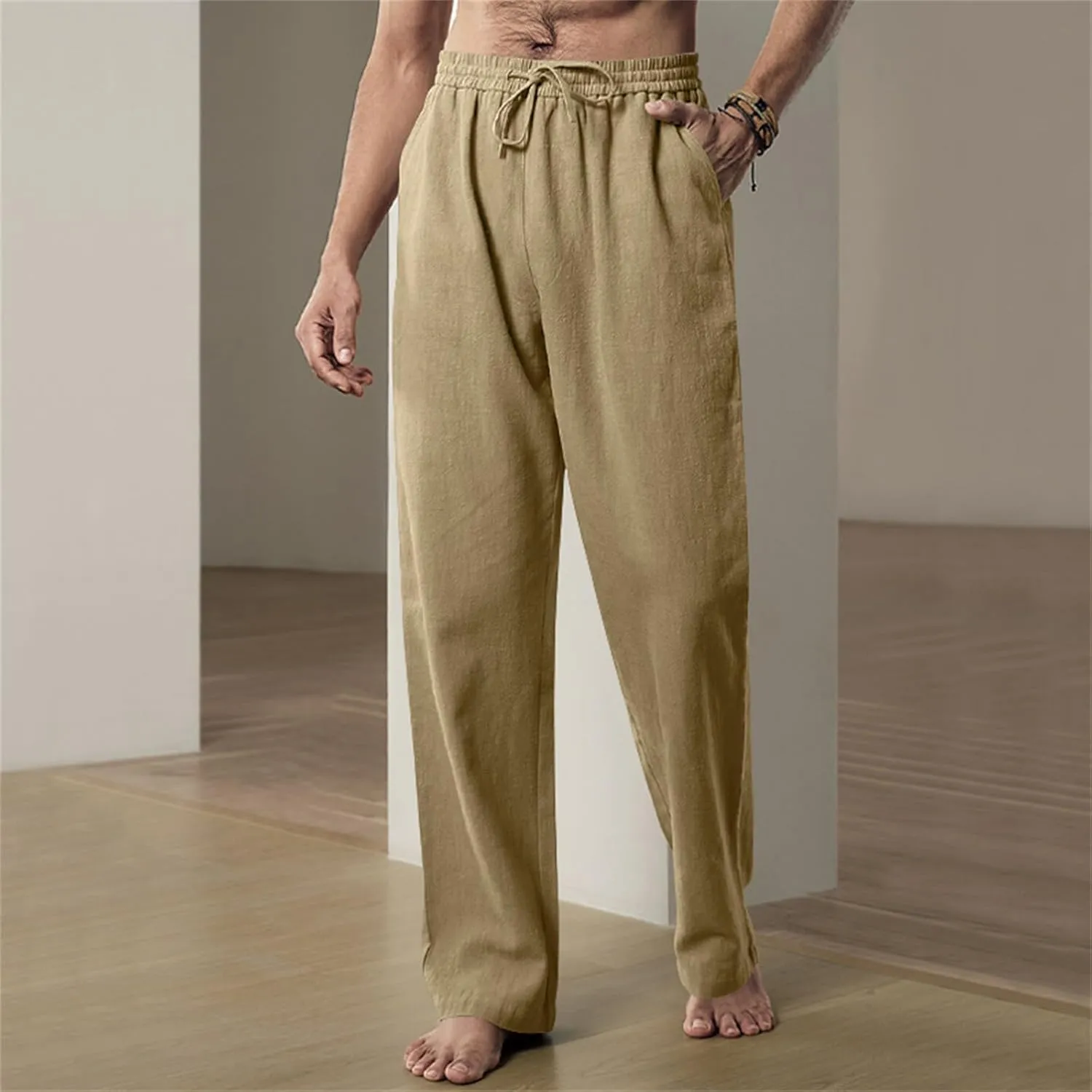 Men's Linen Pants Drawstring Elastic Waist for Yoga Beach Casual Wear Lightweight Loose Fit for Warm Weather