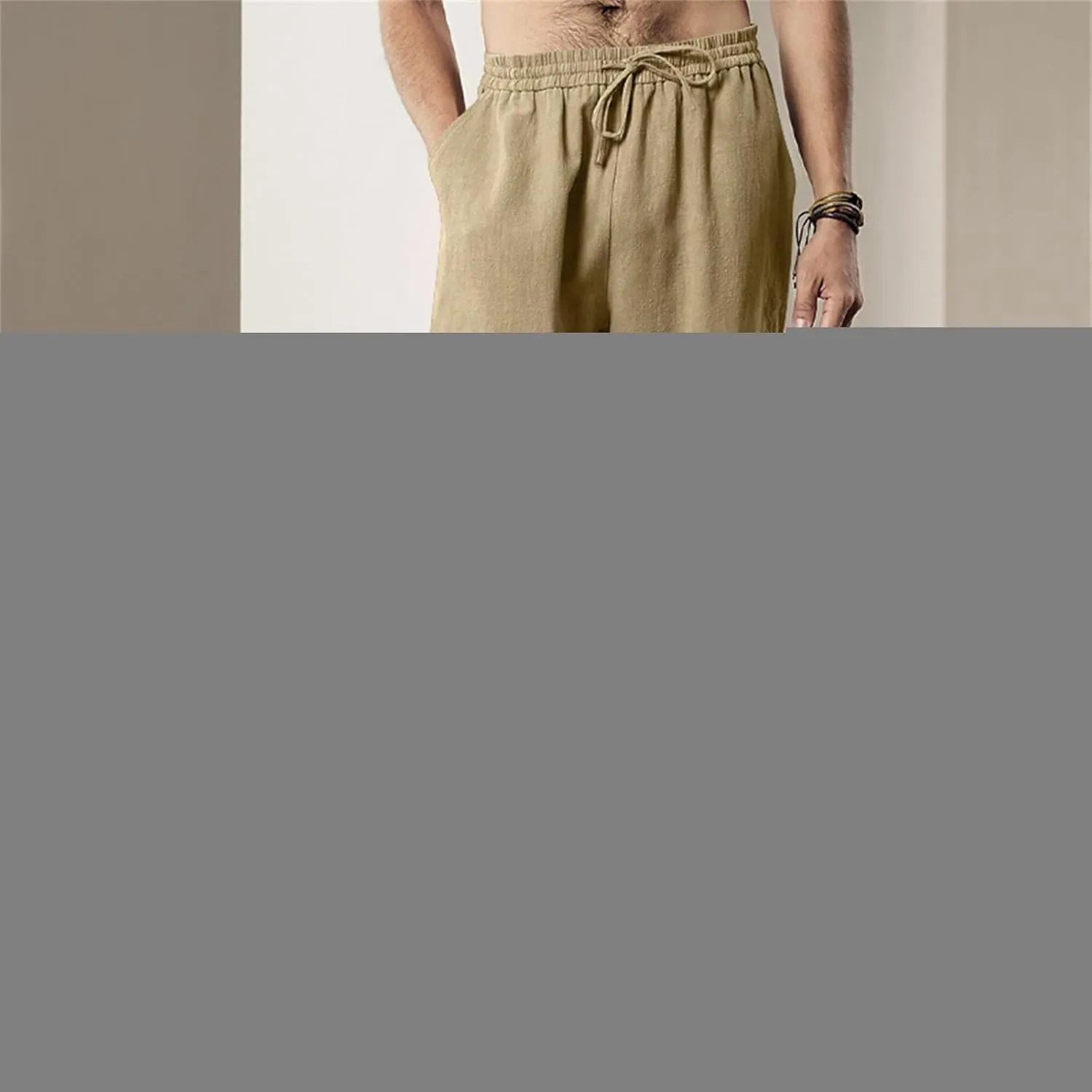 Men's Linen Pants Drawstring Elastic Waist for Yoga Beach Casual Wear Lightweight Loose Fit for Warm Weather