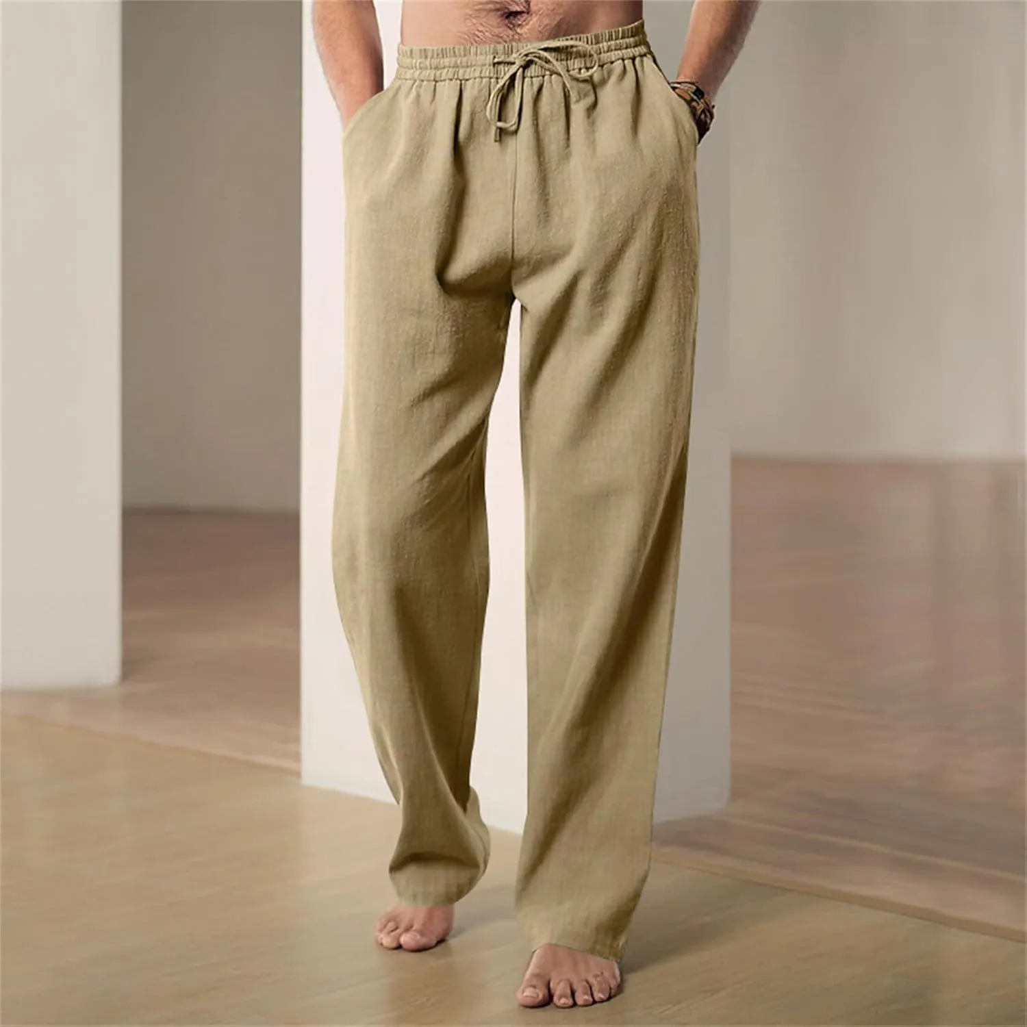 Men's Linen Pants Drawstring Elastic Waist for Yoga Beach Casual Wear Lightweight Loose Fit for Warm Weather