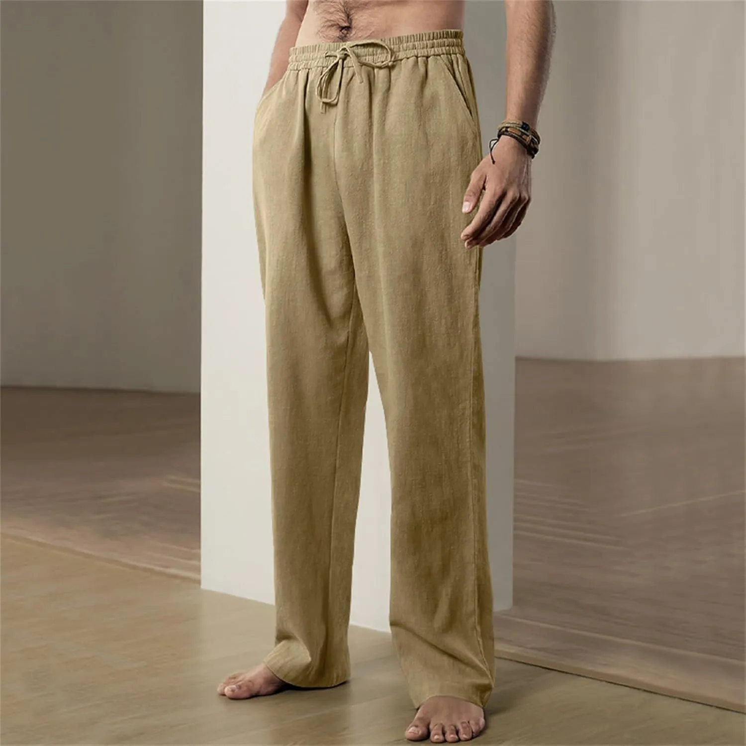 Men's Linen Pants Drawstring Elastic Waist for Yoga Beach Casual Wear Lightweight Loose Fit for Warm Weather