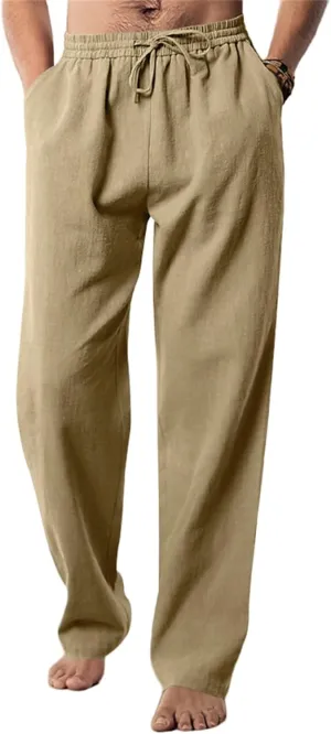 Men's Linen Pants Drawstring Elastic Waist for Yoga Beach Casual Wear Lightweight Loose Fit for Warm Weather