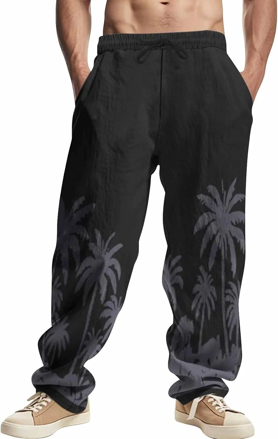Men's Linen Pants Palm Tree Graphic Pant Summer Outdoor Vacation Beach Plus Size Trousers Casual Open Bottom Slacks