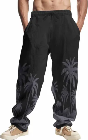 Men's Linen Pants Palm Tree Graphic Pant Summer Outdoor Vacation Beach Plus Size Trousers Casual Open Bottom Slacks