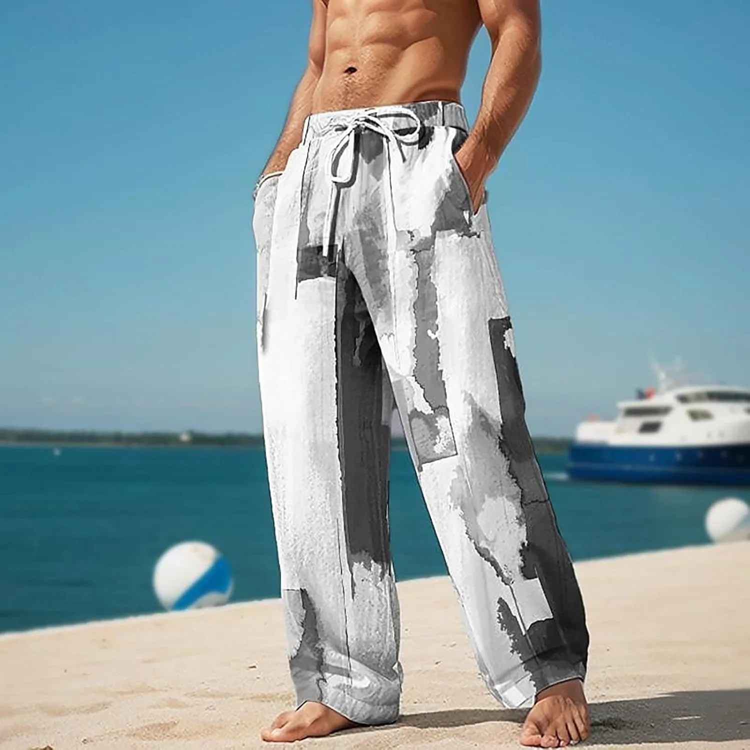 Men's Linen Trousers Summer Elastic High Waist Drawtring Pants Drawstring Lightweight Holiday Streetwears Summer Casual Pants