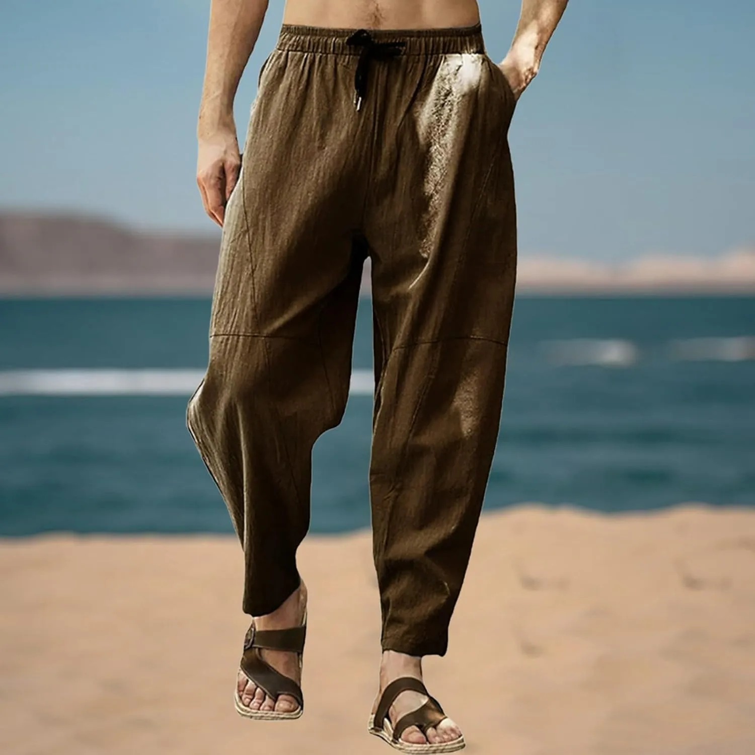 Mens Plus Size Linen Beach Pants Casual Solid Tapered Pant Summer Vacation Trousers Lightweight Drawstring Slacks