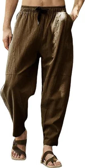 Mens Plus Size Linen Beach Pants Casual Solid Tapered Pant Summer Vacation Trousers Lightweight Drawstring Slacks