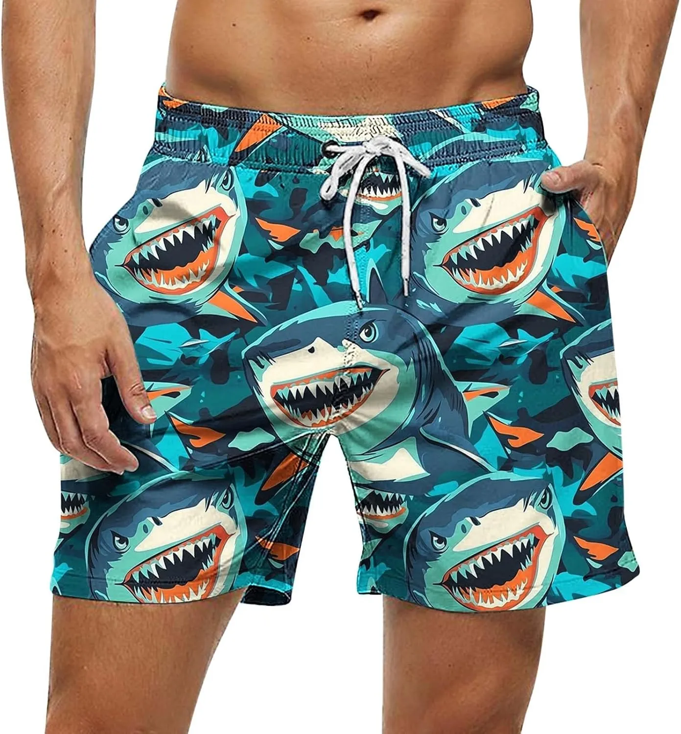 Mens Shorts 2025 Summer Hawaiian Beach Shorts Lightweight Elastic Waist Drawstring Casual Board Short with Pockets
