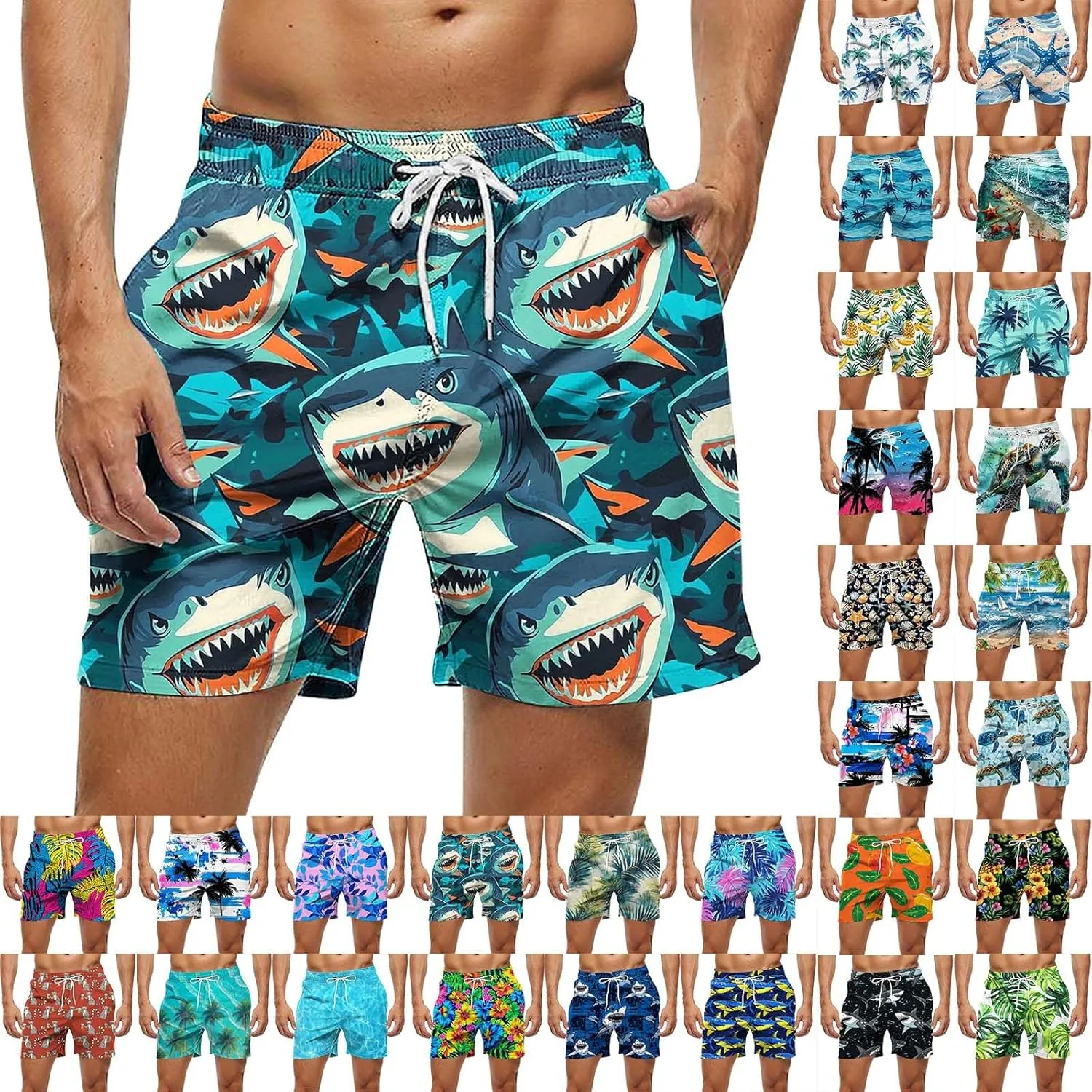 Mens Shorts 2025 Summer Hawaiian Beach Shorts Lightweight Elastic Waist Drawstring Casual Board Short with Pockets