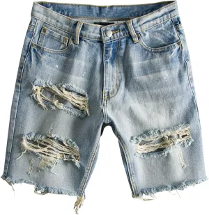 Men's Street Style Jean Shorts Fashion Ripped Knee Lenght Half Jeans Distressed Classic Fit Frayed Short Jean Pants