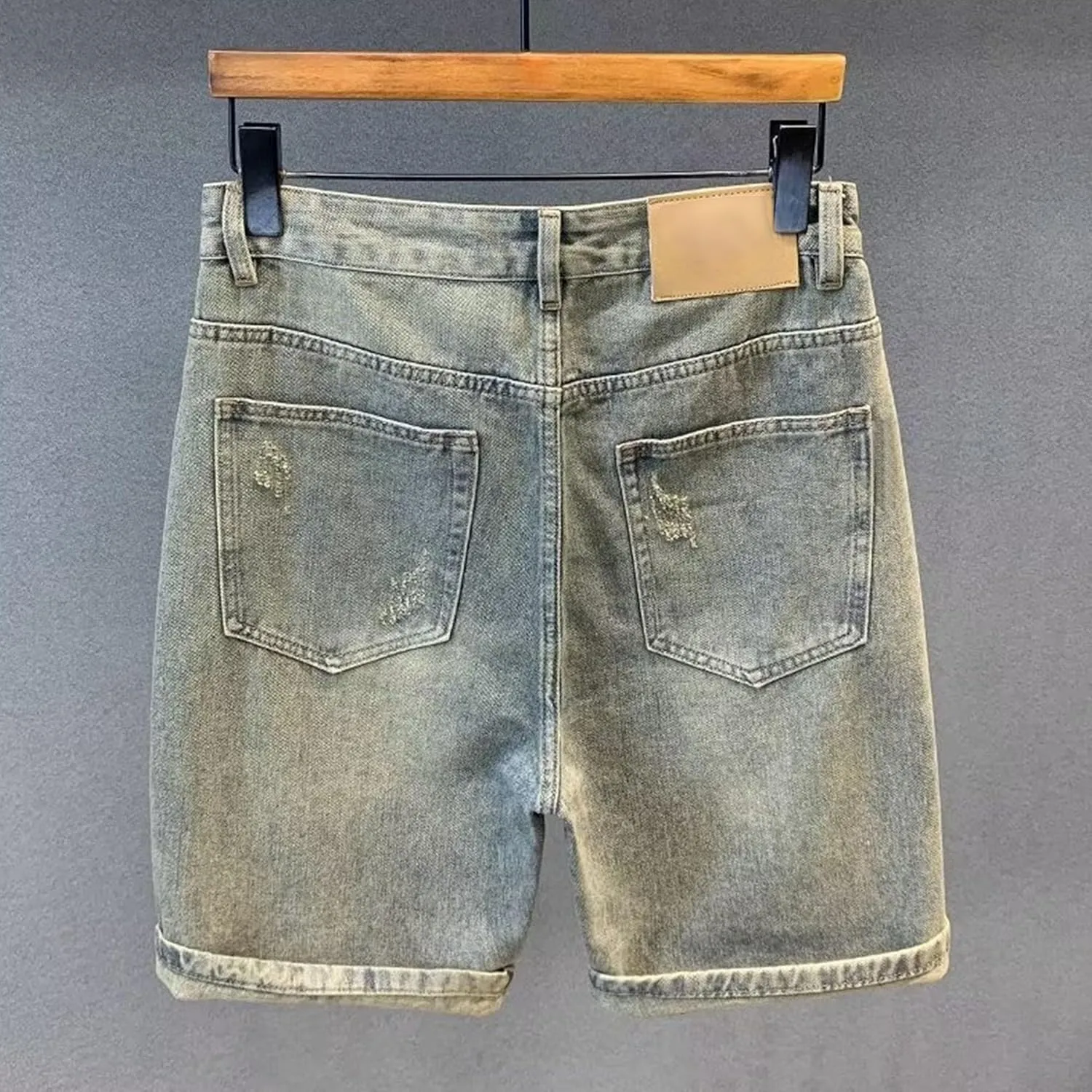 Men's Street Style Jean Shorts Fashion Ripped Knee Lenght Half Jeans Distressed Classic Fit Frayed Short Jean Pants