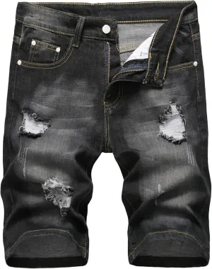 Men's Street Style Jean Shorts Fashion Ripped Knee Lenght Half Jeans Distressed Classic Fit Frayed Short Jean Pants