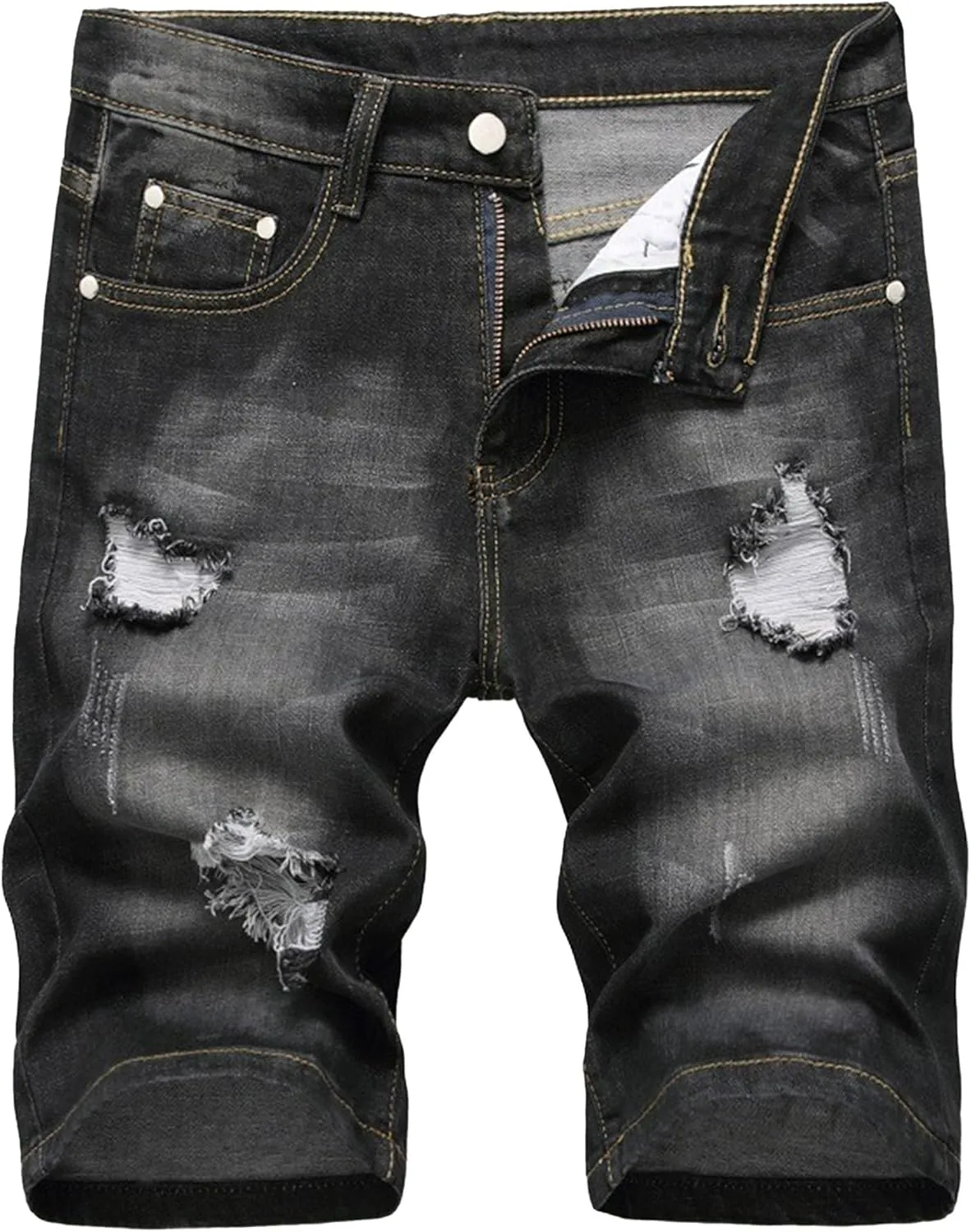 Men's Street Style Jean Shorts Fashion Ripped Knee Lenght Half Jeans Distressed Classic Fit Frayed Short Jean Pants