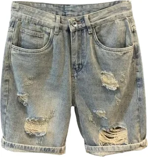 Men's Street Style Jean Shorts Fashion Ripped Knee Lenght Half Jeans Distressed Classic Fit Frayed Short Jean Pants