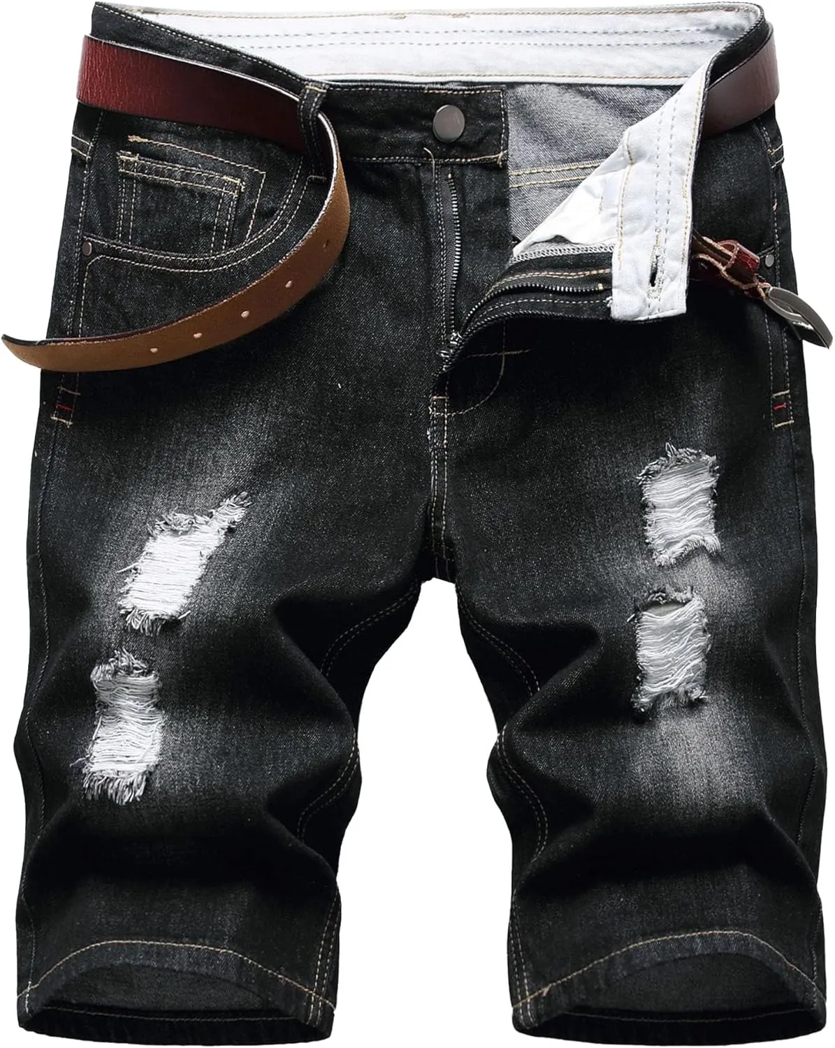 Men's Street Style Jean Shorts Fashion Ripped Knee Lenght Half Jeans Distressed Classic Fit Frayed Short Jean Pants