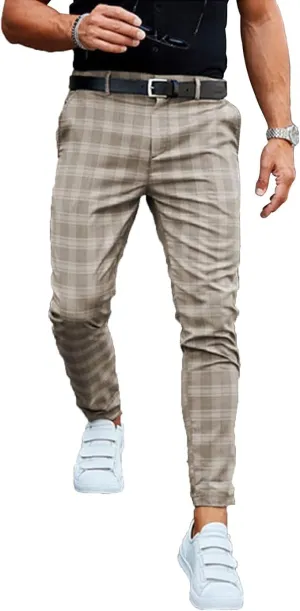 Men's Stretch Skinny Dress Pants Slim Fit Business Casual Plaid Chino Pants Fashion Stretch Flat Front Trousers