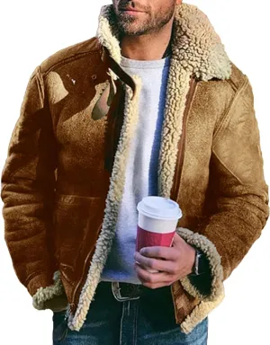 Men's Suede Winter Jacket Fur Collar Bomber Faux Leather Coat Sherpa Lined Warm Winter Outwear