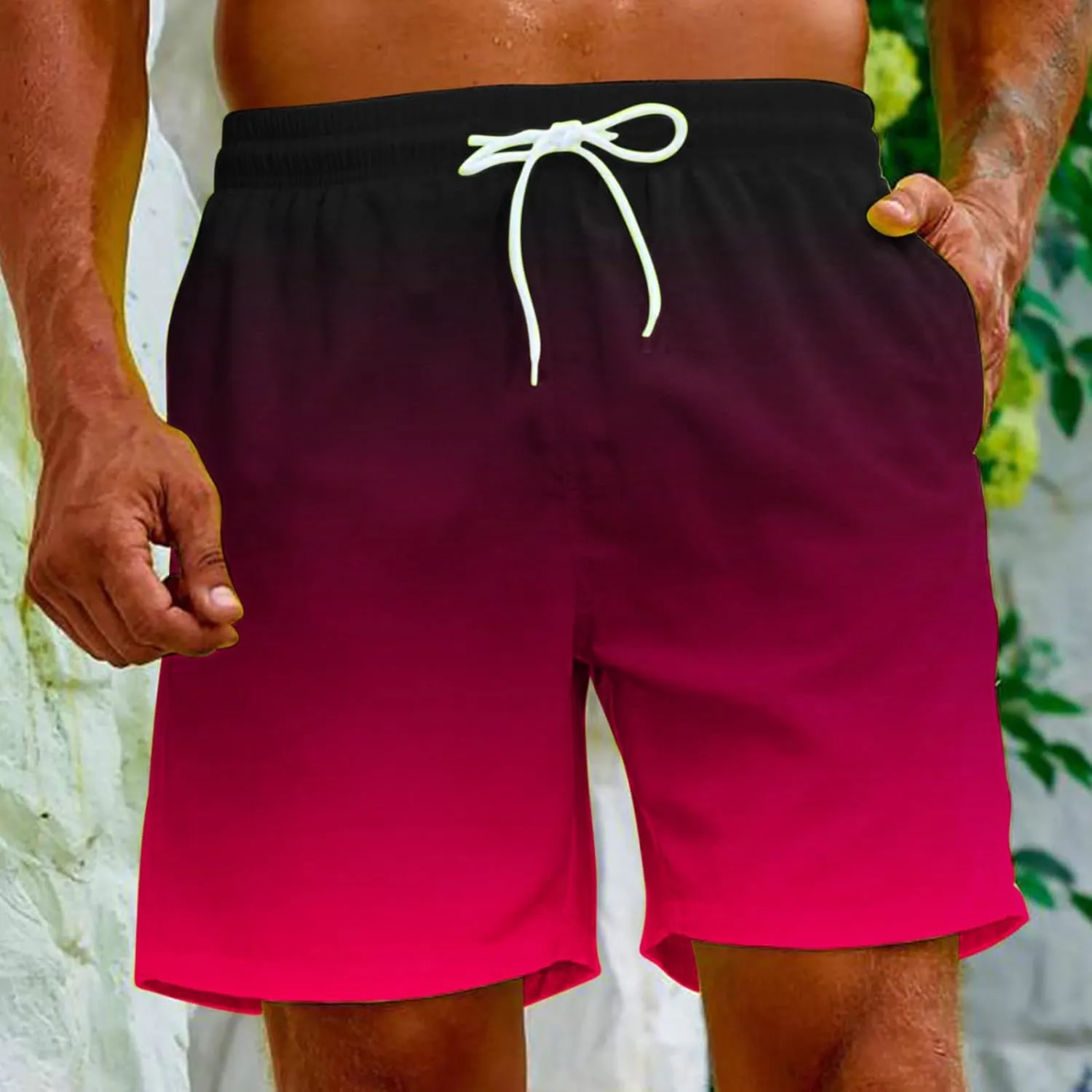 Mens Summer Beach Short Pants Gradient Drawstring Elastic Stretch Casual Shorts Multi-Pocket Fast Dry Baggy Jorts