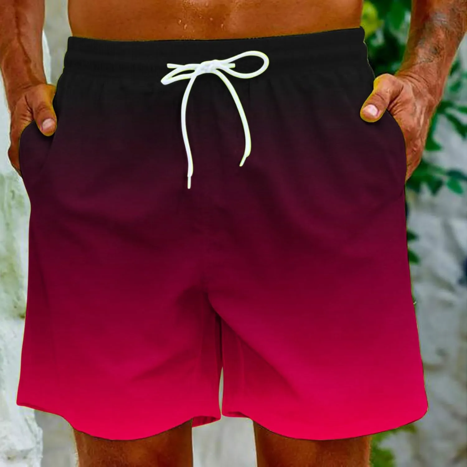 Mens Summer Beach Short Pants Gradient Drawstring Elastic Stretch Casual Shorts Multi-Pocket Fast Dry Baggy Jorts