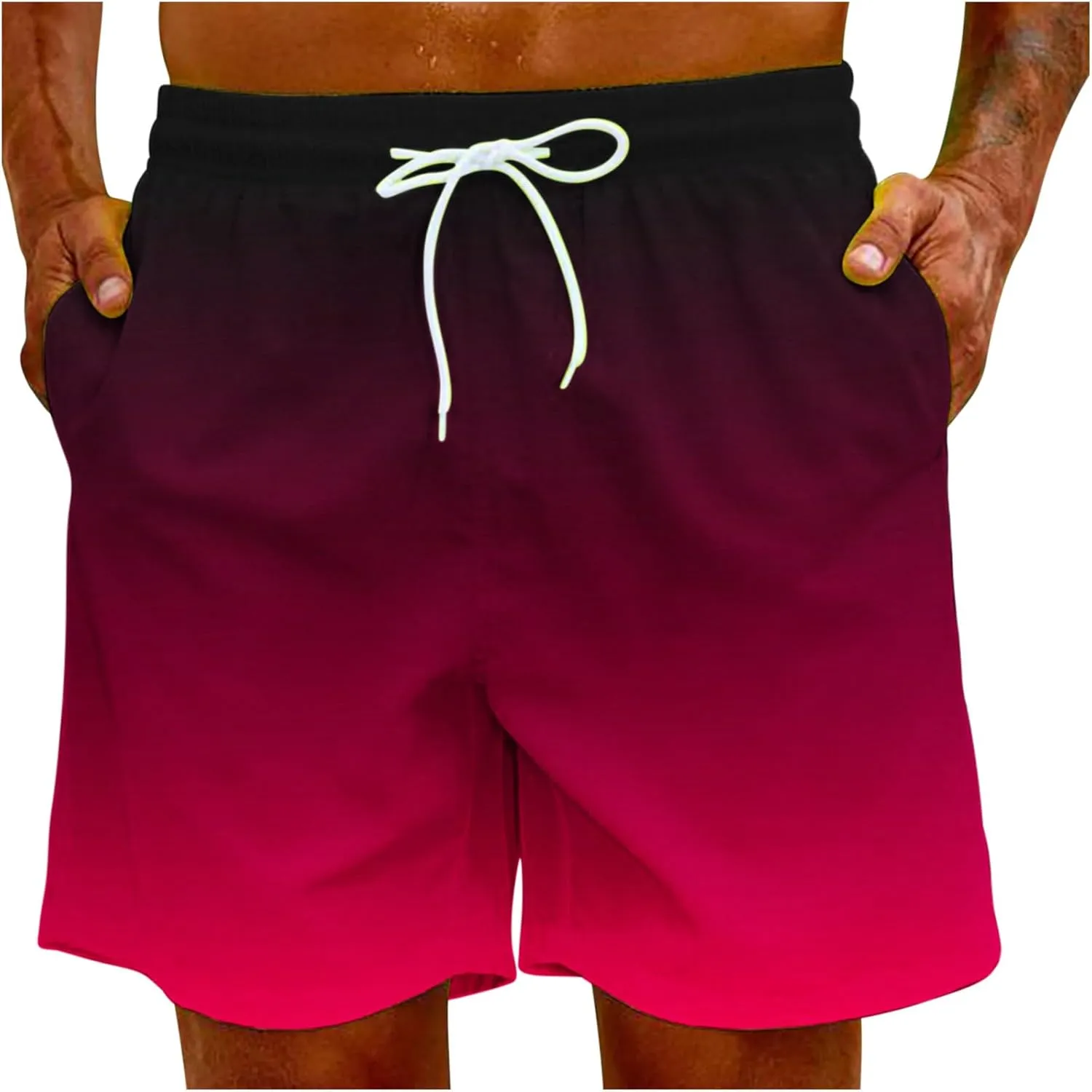 Mens Summer Beach Short Pants Gradient Drawstring Elastic Stretch Casual Shorts Multi-Pocket Fast Dry Baggy Jorts