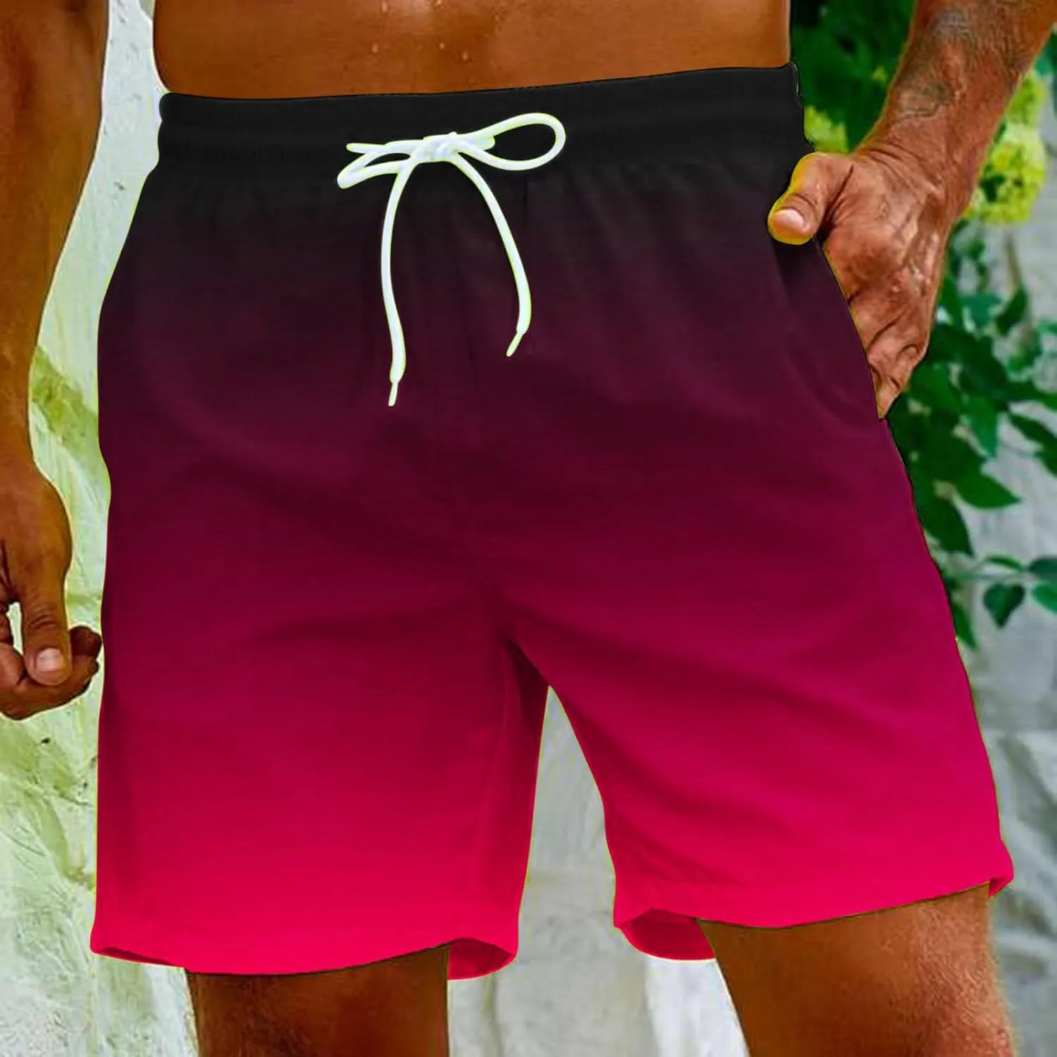 Mens Summer Beach Short Pants Gradient Drawstring Elastic Stretch Casual Shorts Multi-Pocket Fast Dry Baggy Jorts