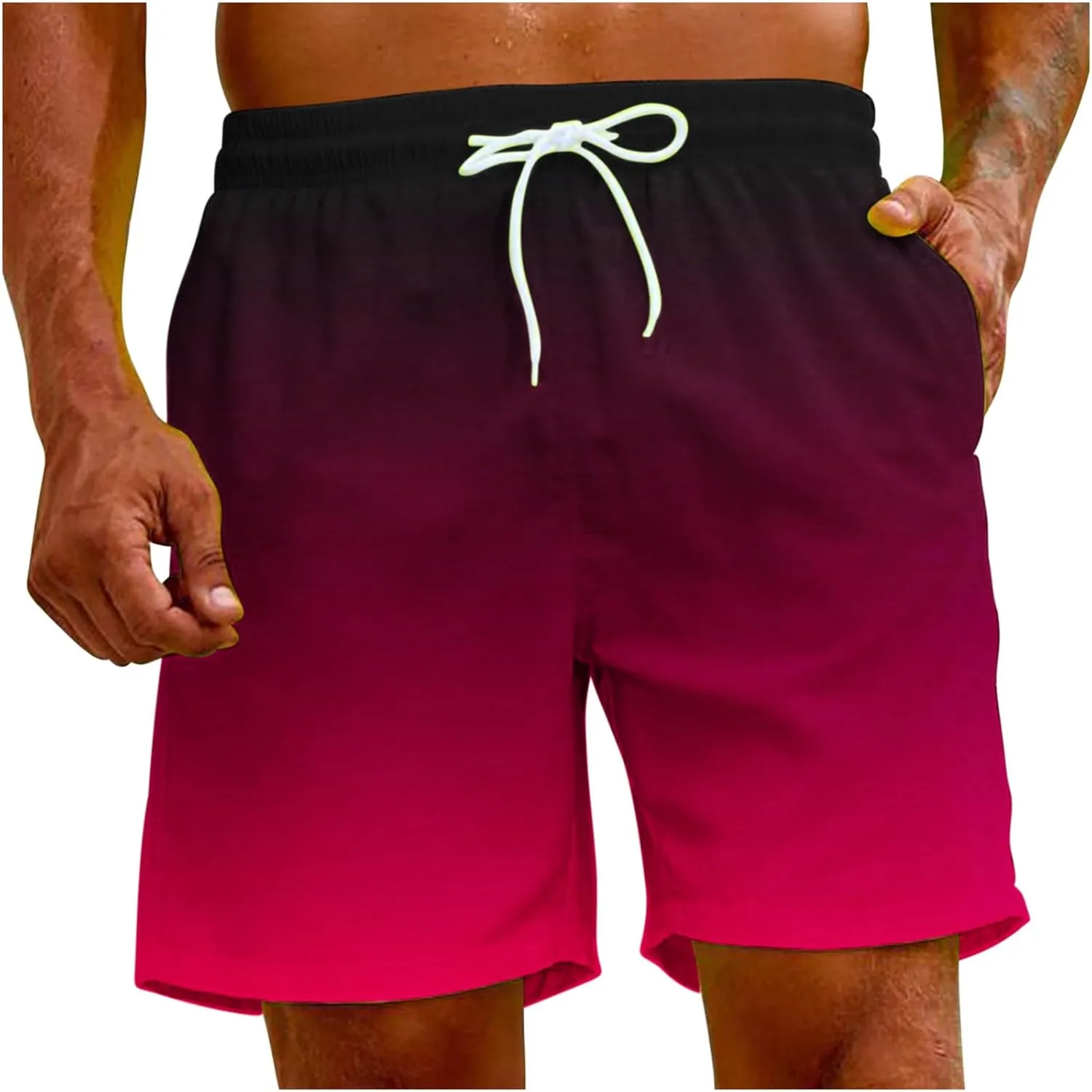 Mens Summer Beach Short Pants Gradient Drawstring Elastic Stretch Casual Shorts Multi-Pocket Fast Dry Baggy Jorts