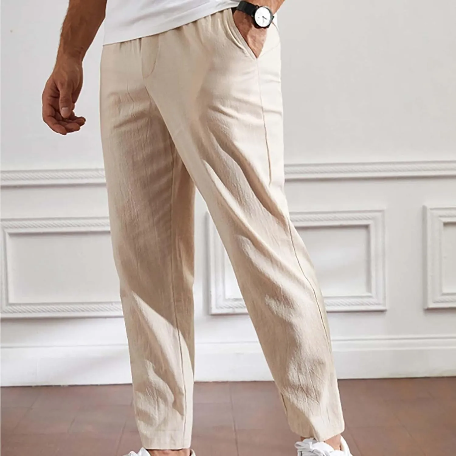 Mens Summer Cropped Pants Casual Elastic Waist Slim Fit Ankle Length Trousers with Pockets Stretch Drawstring Sweatpants