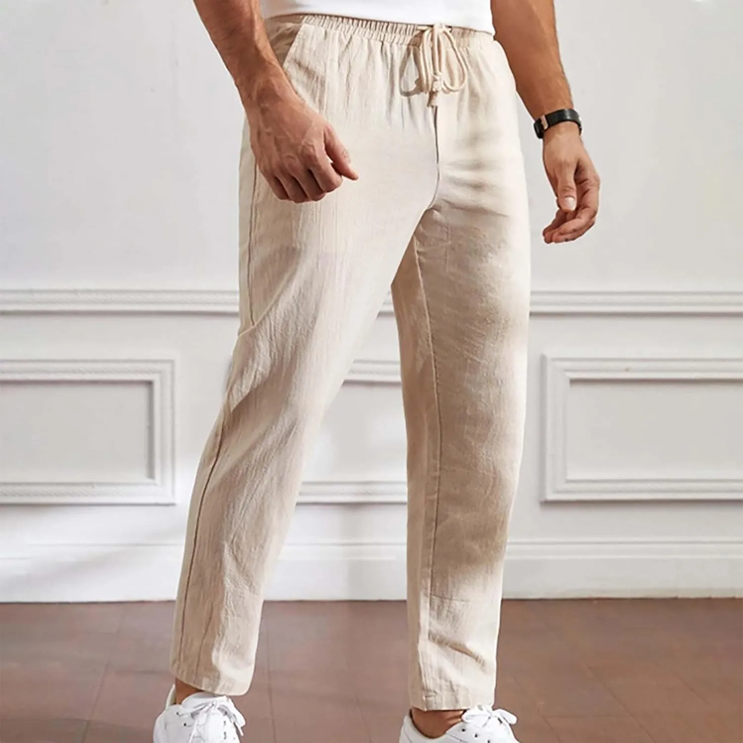 Mens Summer Cropped Pants Casual Elastic Waist Slim Fit Ankle Length Trousers with Pockets Stretch Drawstring Sweatpants