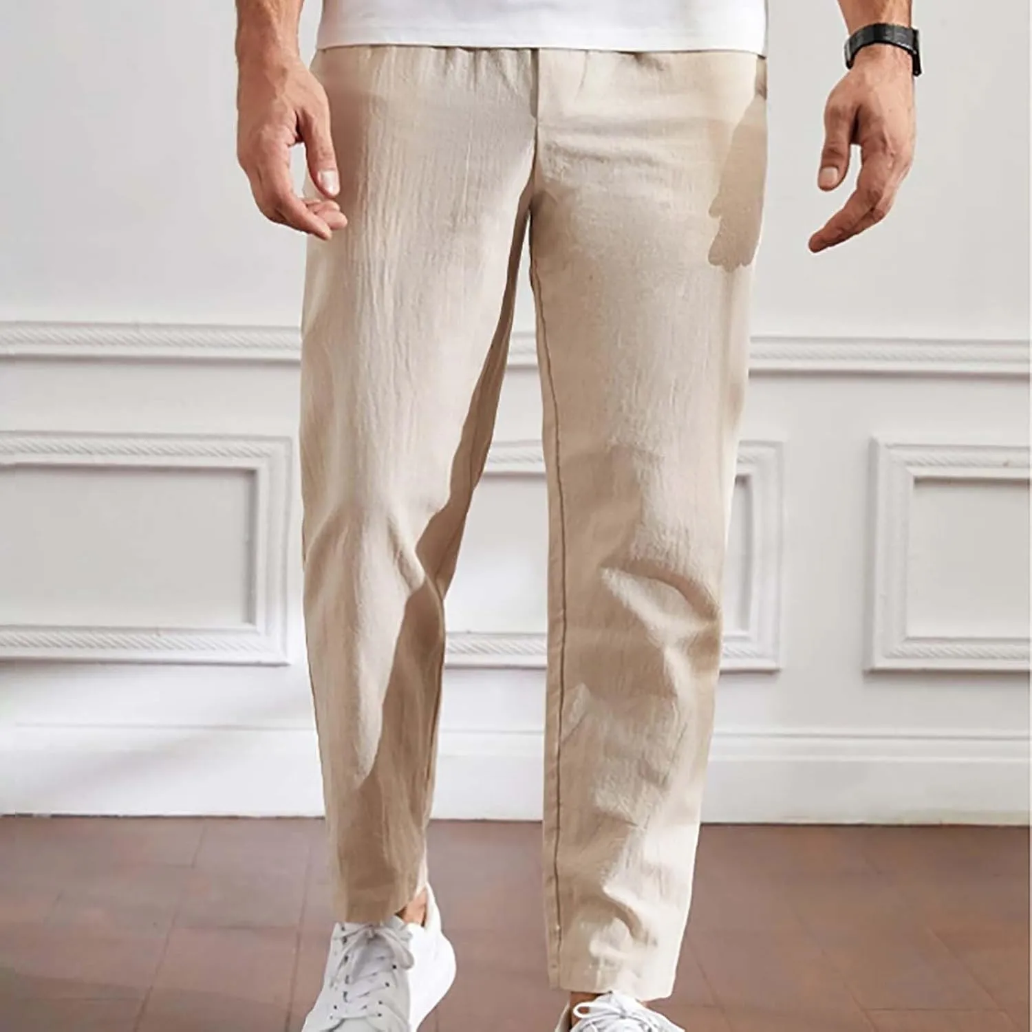 Mens Summer Cropped Pants Casual Elastic Waist Slim Fit Ankle Length Trousers with Pockets Stretch Drawstring Sweatpants