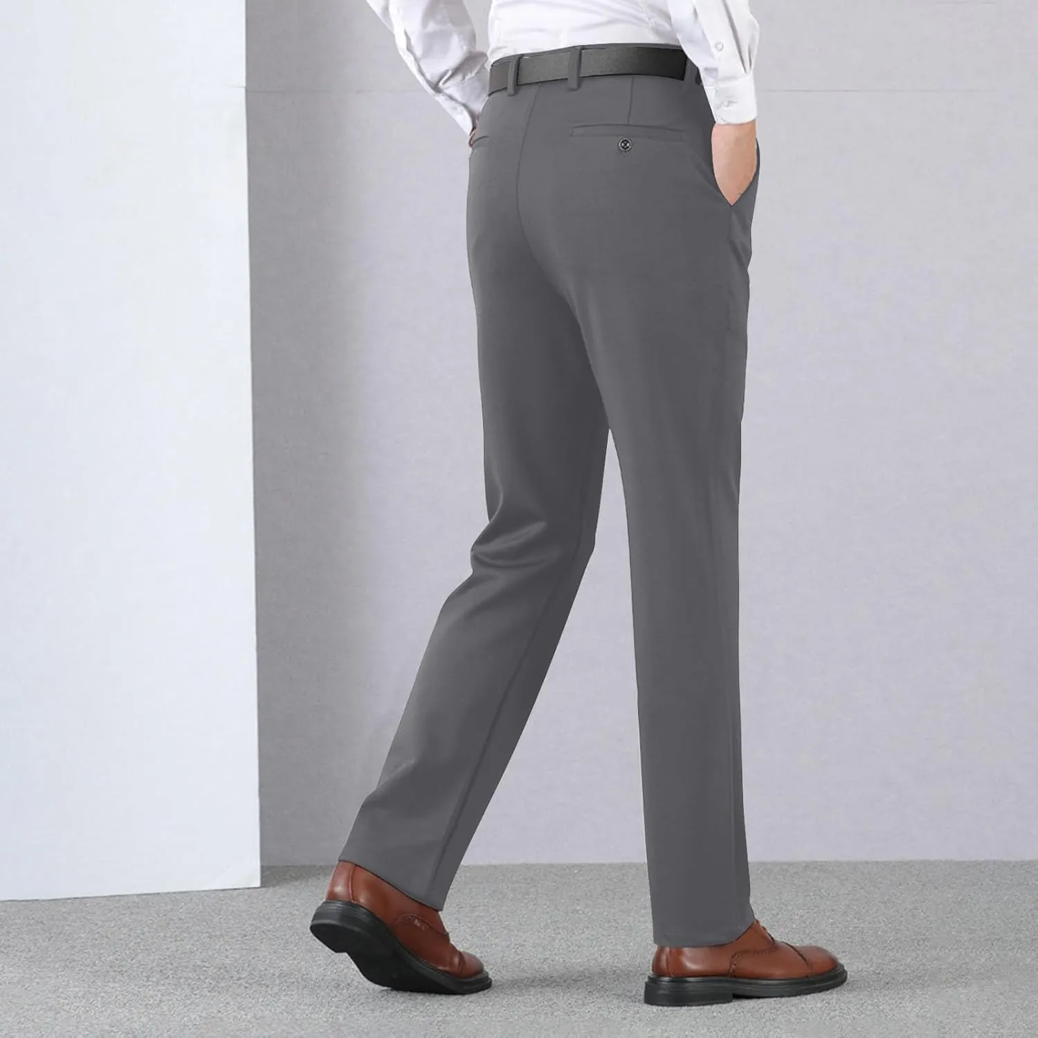 Men's Thicken Dress Pants Flat Front Slim Fit Business Work Pant Casual Straight Leg Suit Trousers with Pockets