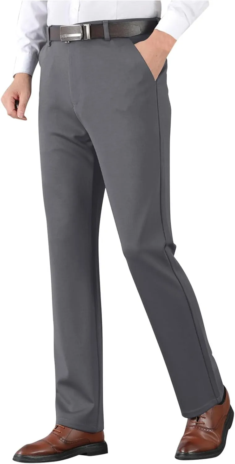 Men's Thicken Dress Pants Flat Front Slim Fit Business Work Pant Casual Straight Leg Suit Trousers with Pockets