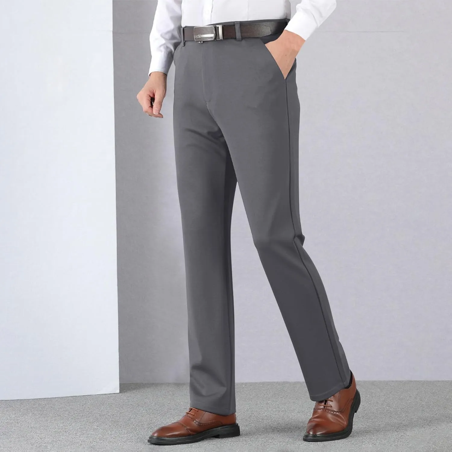 Men's Thicken Dress Pants Flat Front Slim Fit Business Work Pant Casual Straight Leg Suit Trousers with Pockets