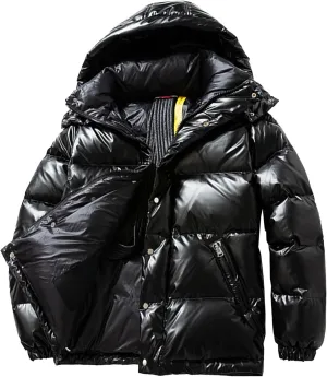 Men's Waterproof Glossy Down Jacket Winter Warm Puffer Hooded Coat Full Zip Padded Windproof Down Casual Jacket