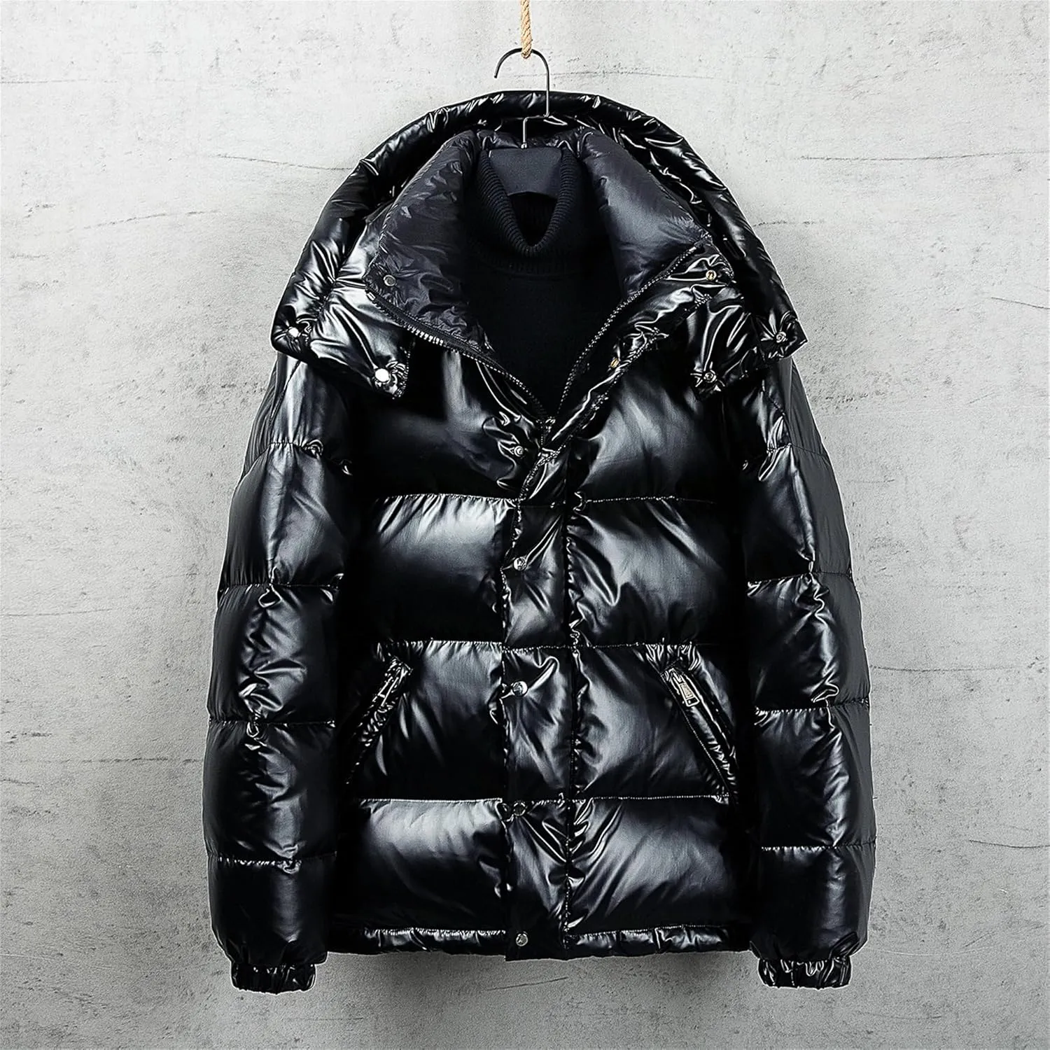 Men's Waterproof Glossy Down Jacket Winter Warm Puffer Hooded Coat Full Zip Padded Windproof Down Casual Jacket