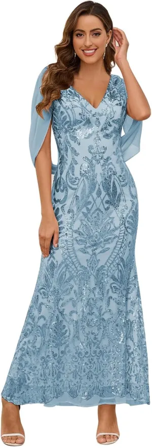 Mermaid Sequin Mother of The Bride Dresses for Women 2025 V Neck Long Sparkly Formal Evening Gown with Cape