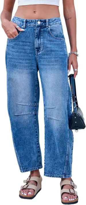 Mid Rise Barrel Jeans for Women Wide Leg Mid Waist Cropped Denim Pants Y2k Baggy Boyfriend Jeans with Pockets