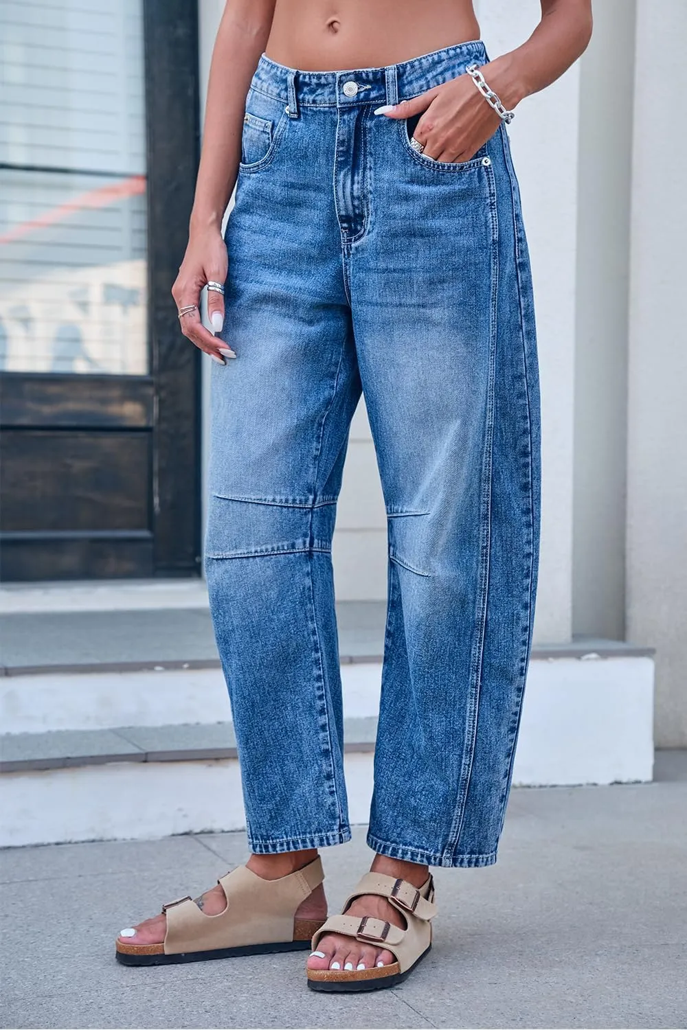 Mid Rise Barrel Jeans for Women Wide Leg Mid Waist Cropped Denim Pants Y2k Baggy Boyfriend Jeans with Pockets