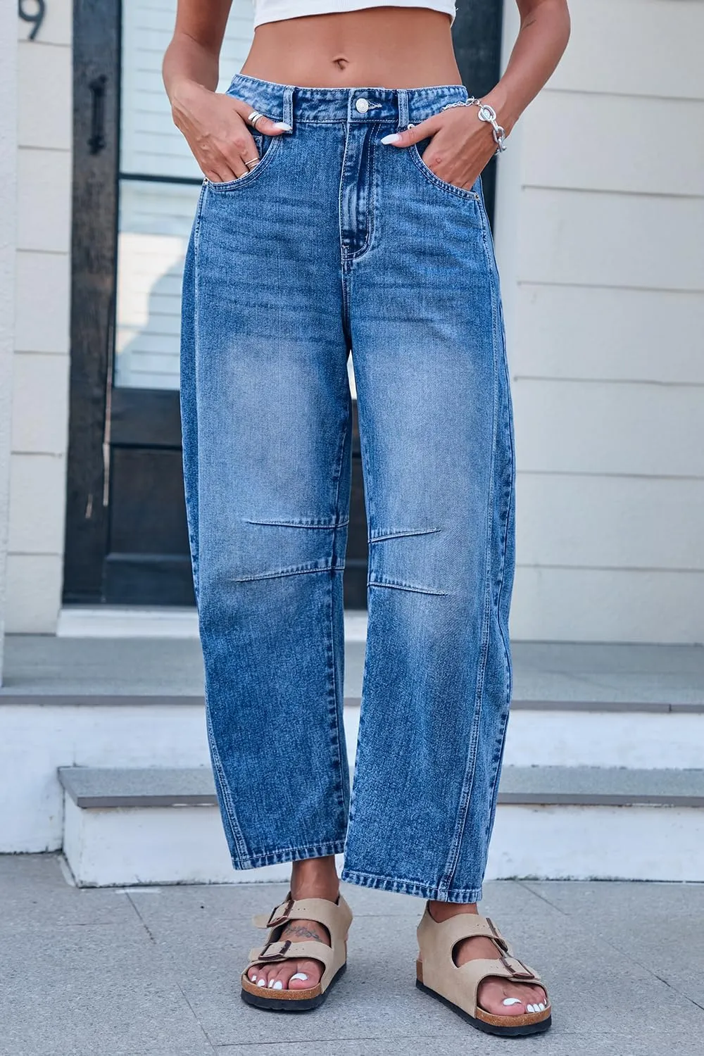 Mid Rise Barrel Jeans for Women Wide Leg Mid Waist Cropped Denim Pants Y2k Baggy Boyfriend Jeans with Pockets
