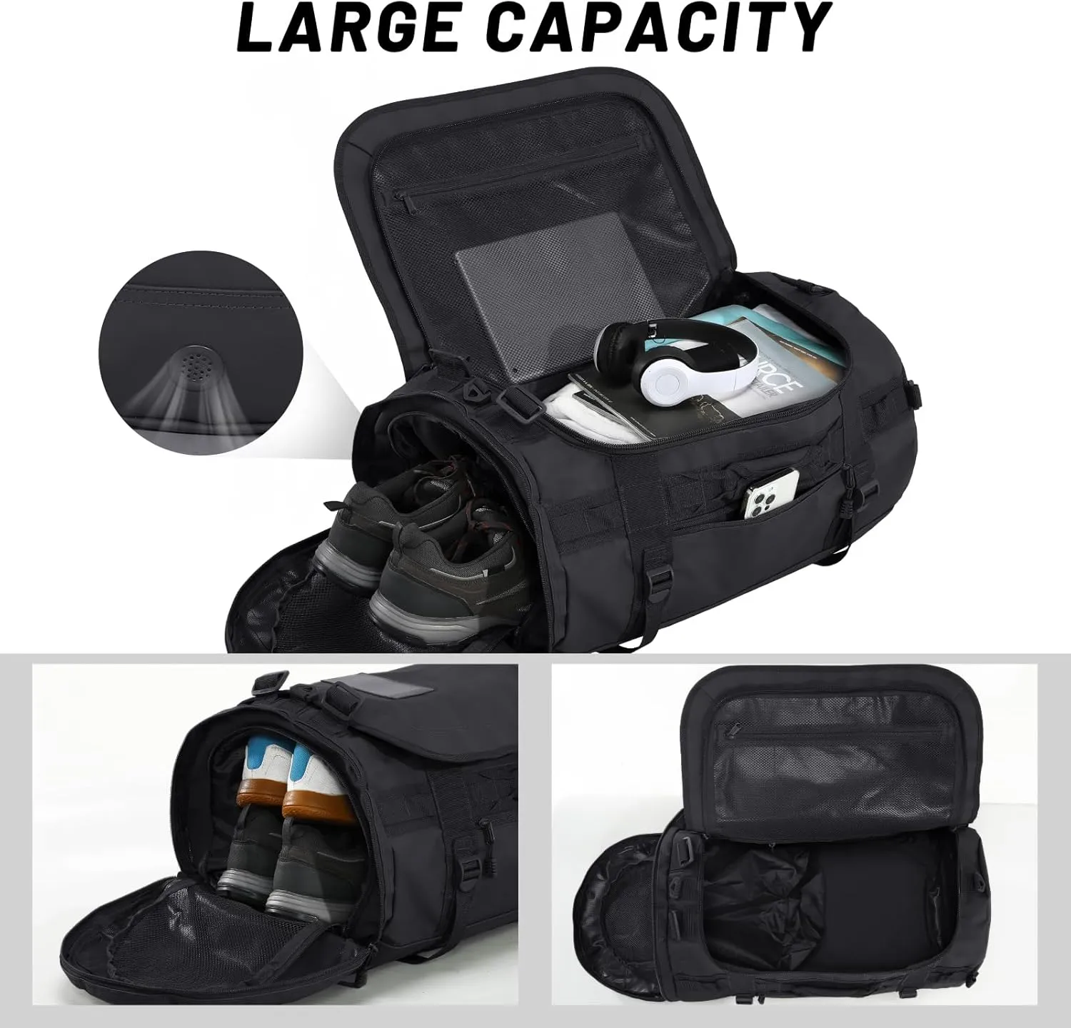 MIER Large Duffel Backpack Sports Gym Bag with Shoe Compartment, Heavy Duty and Water Resistant, Black, 90L