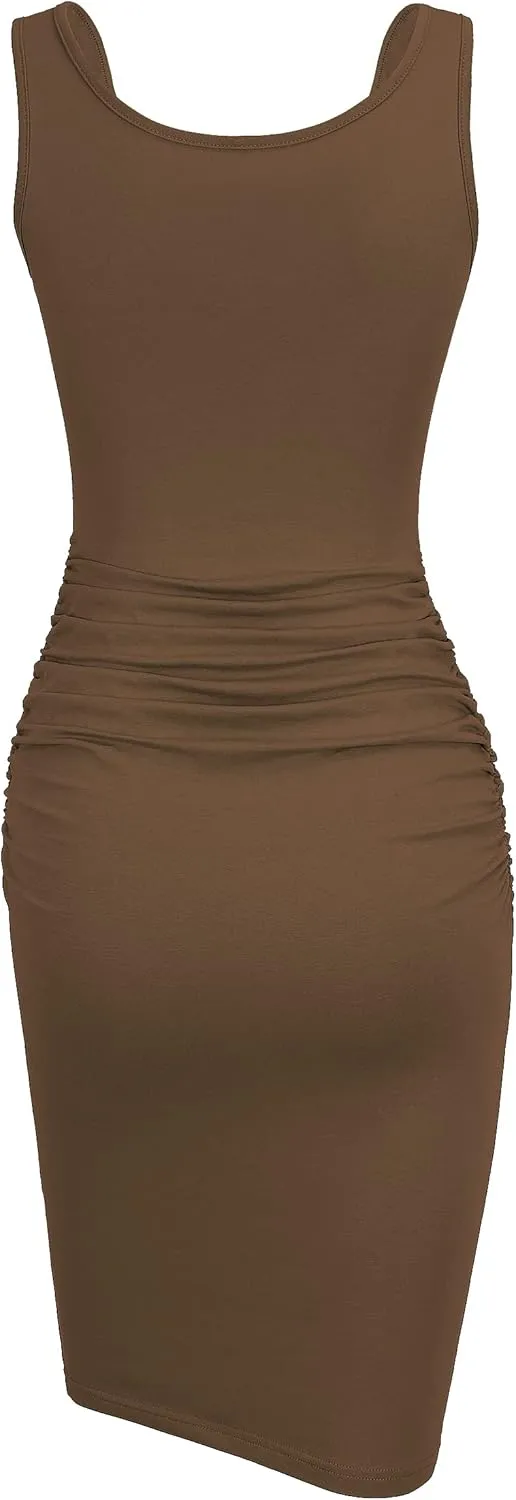 Missufe Women's Sleeveless Tank Ruched Casual Knee Length Bodycon Sundress Basic Fitted Dress