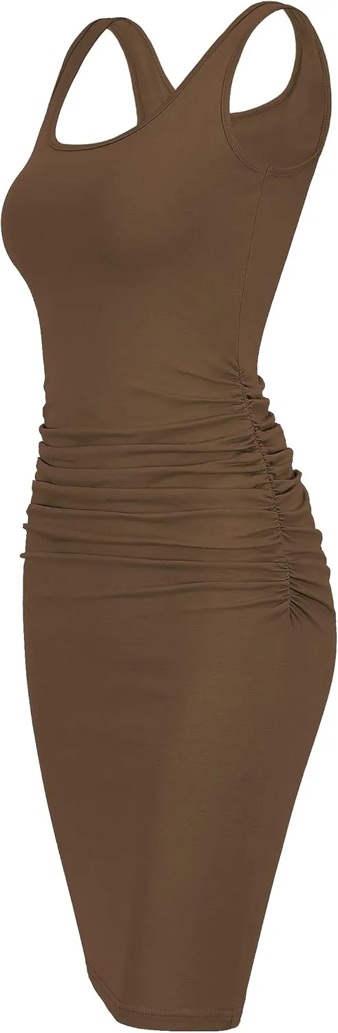 Missufe Women's Sleeveless Tank Ruched Casual Knee Length Bodycon Sundress Basic Fitted Dress