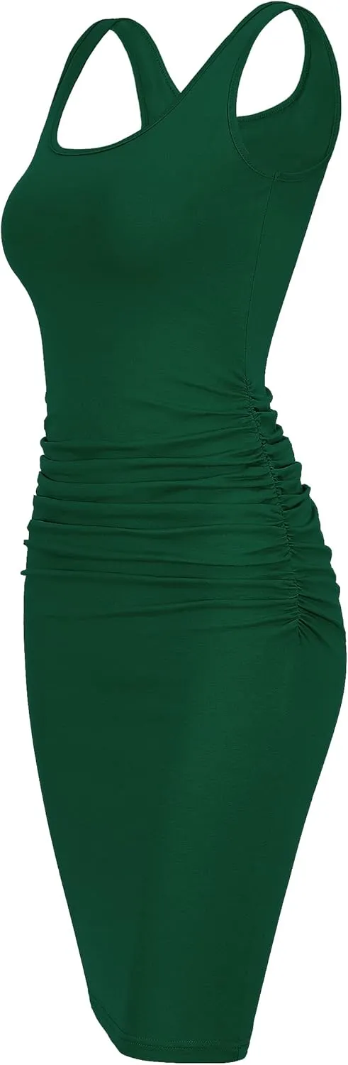Missufe Women's Sleeveless Tank Ruched Casual Knee Length Bodycon Sundress Basic Fitted Dress