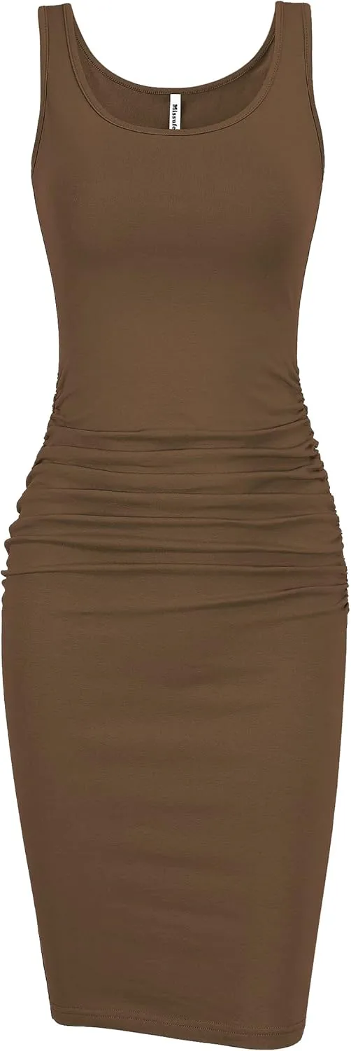 Missufe Women's Sleeveless Tank Ruched Casual Knee Length Bodycon Sundress Basic Fitted Dress